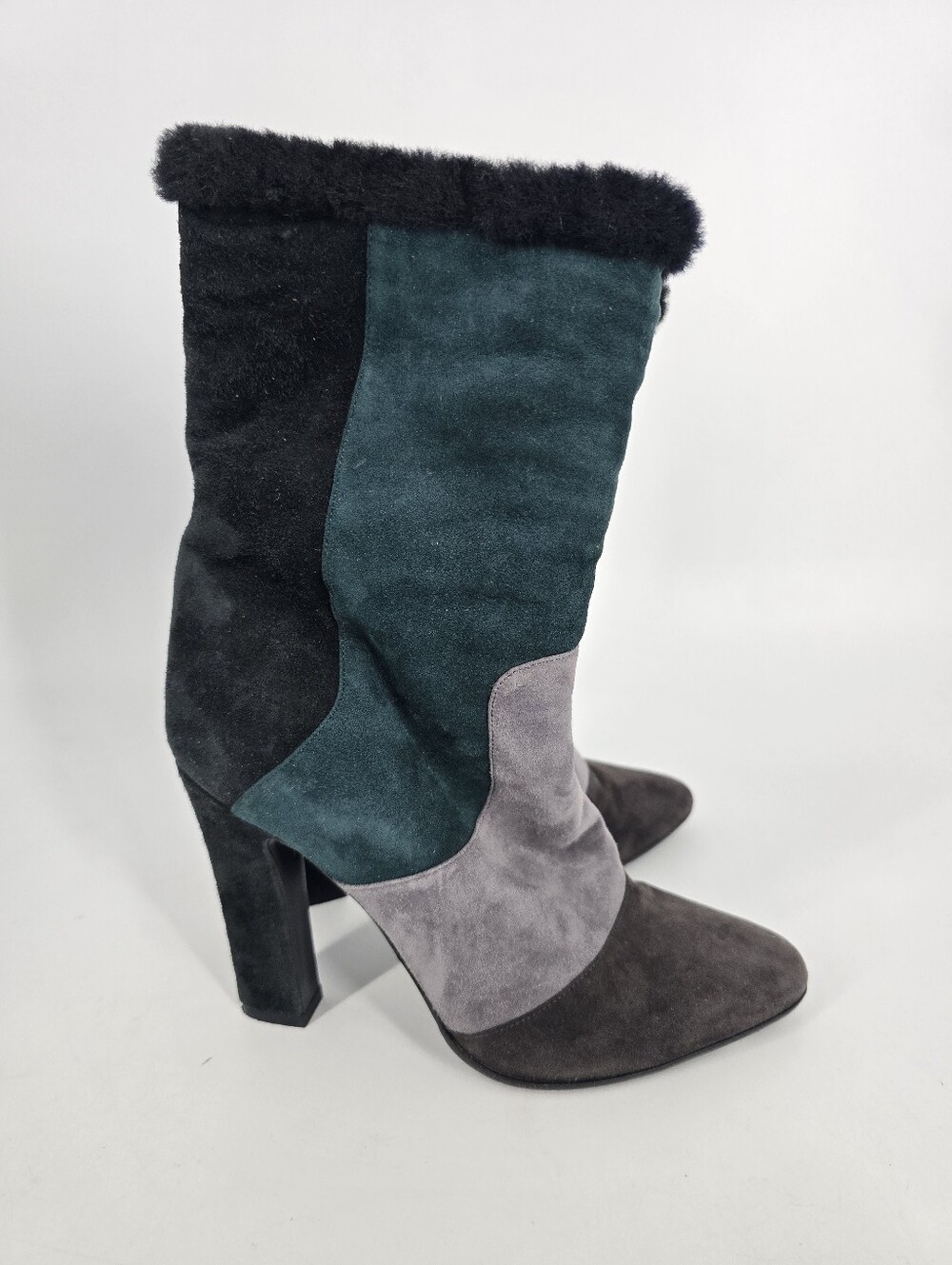 Tamara Mellon Suede Shearling Crush Boots Colorblock Gray Green Size 37.5
